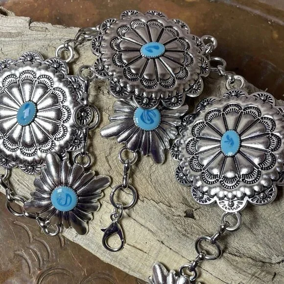 Spring Boho EASTER Gift Southwest Silver Chain belt adjustable 48” Turquoise - Picture 15 of 16